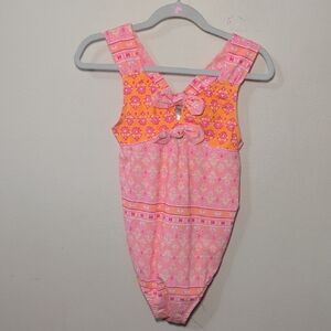 Nicole Miller One-Piece Girls Swimsuit with Bows Pink + Orange Girls Size M 10